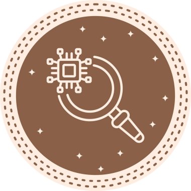 Çevresindeki bağlantı düğümlerine sahip bir mikroçipi vurgulayan büyüteç simgesi donanım tanılama uygulamaları veya teknoloji araştırma sayfaları için uygundur.