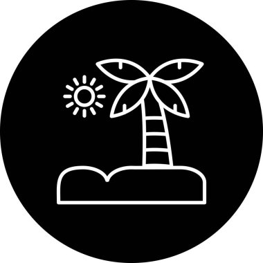 Tek bir palmiye ağacı ve gökyüzünde güneşi olan bir ada. Uygulama için uygun simge.