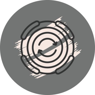 Minimalist simge merkezde saat yönünde dairesel bir hareket oluşturan iki küçük oklu bir dizi eşmerkezli daireler içerir..