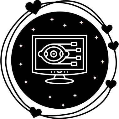 Bağlantı düğümleri ile bir göz sembolü gösteren bilgisayar monitörü simgesi, gözetim uygulamaları veya veri görselleştirme web sayfaları için uygundur.
