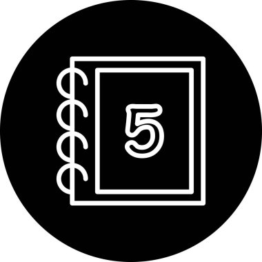 Bir spiral defter dairesel çerçeve içinde duruyor, ön kapakta beş numara büyük gösteriyor.