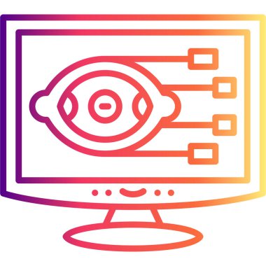 Bağlantı düğümleri ile bir göz sembolü gösteren bilgisayar monitörü simgesi, gözetim uygulamaları veya veri görselleştirme web sayfaları için uygundur.