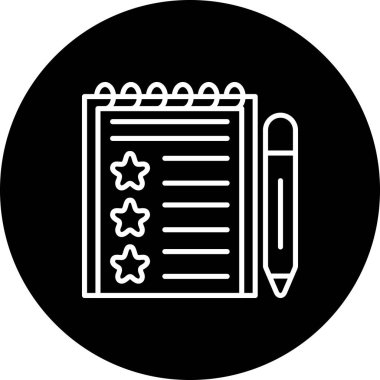 Üç yıldızlı ve eğimli bir kalemi olan sarmal not defterinin minimalist çizgi simgesi.