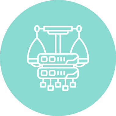 Denge ölçekleri ve bağlantı düğümleri içeren veri sunucusu simgesi, finansal veri yönetimi uygulamaları veya hukuki teknoloji web sayfaları için uygundur.