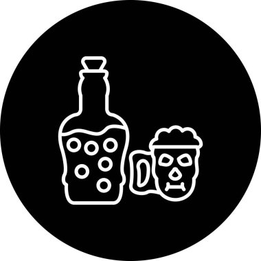 Mantar tıpalı cam şişe insan kafatası şeklinde köpüklü kupanın yanında duruyor. Uygulama için uygun simge.