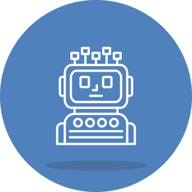 Robot head icon with antenna-like nodes and a screen face, featuring a vibrant purple-to-yellow gradient outline suitable for apps or web pages