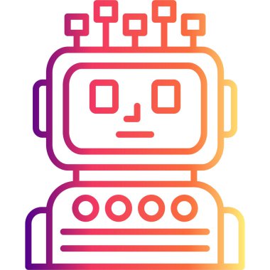 Anten benzeri düğümlere ve ekran yüzüne sahip robot baş simgesi, uygulamalar veya web sayfaları için uygun canlı mor-sarı gradyan hatlara sahip