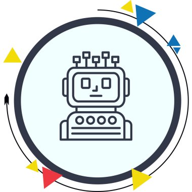 Anten benzeri düğümlere ve ekran yüzüne sahip robot baş simgesi, uygulamalar veya web sayfaları için uygun canlı mor-sarı gradyan hatlara sahip