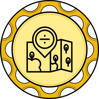 Yer ve yön bulma grafikleri katlanmış bir harita ve bölme matematik sembolünü gösteren bir lokasyon broşu içeriyor..