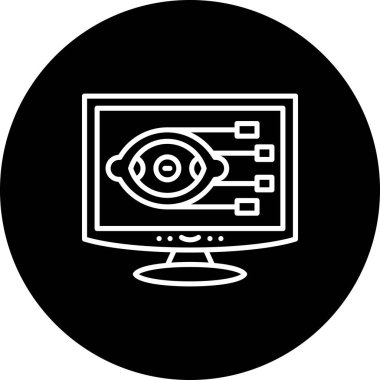 Bağlantı düğümleri ile bir göz sembolü gösteren bilgisayar monitörü simgesi, gözetim uygulamaları veya veri görselleştirme web sayfaları için uygundur.