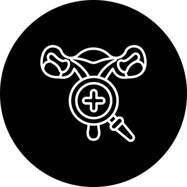 Kadın üreme sisteminin üzerinde çapraz bir sembol bulunan büyüteç, tıbbi muayeneyi temsil ediyor.