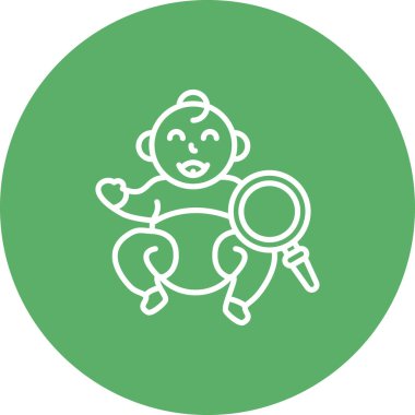 Gülümseyen bir bebeğin minimalist çizgi simgesi eğimli bir arkaplanda büyüteçle inceleniyor.