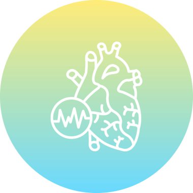 Tarzlı insan kalbi, nötr gradyan arkaplana karşı kalp atışı çizgisi gösteren dairesel ikonun yanında oturur..