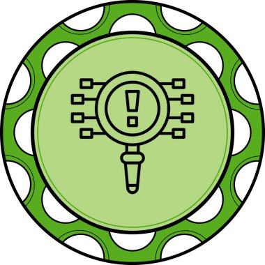 Çevredeki bağlantı düğümleriyle bir ünlem işaretini vurgulayan büyütme cam simgesi, tanı uygulamaları veya uyarı web sayfaları için uygundur.