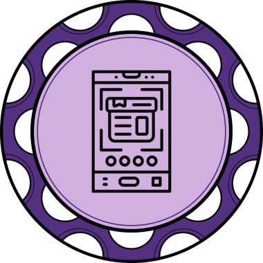 Beyaz kenarlıklı bir mor dairesel simge, bir belge ve navigasyon düğmeleri ile dijital arayüzü gösteren siyah çizgili bir akıllı telefona sahiptir..