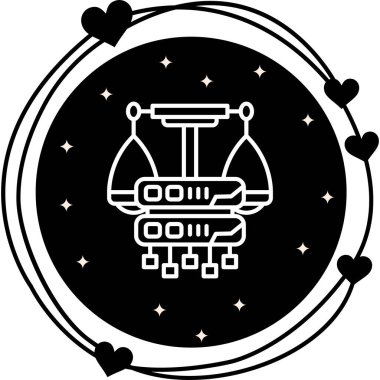 Denge ölçekleri ve bağlantı düğümleri içeren veri sunucusu simgesi, finansal veri yönetimi uygulamaları veya hukuki teknoloji web sayfaları için uygundur.