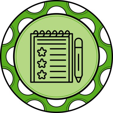 Üç yıldızlı ve eğimli bir kalemi olan sarmal not defterinin minimalist çizgi simgesi.