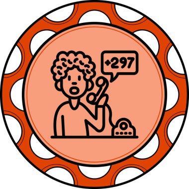 Telefon ahizesi tutan bir kadın simgesi. Konuşma baloncuğu ile birlikte. Uygulamalar veya web sayfaları için uygun bir sayı kodu 297 gösteriliyor..