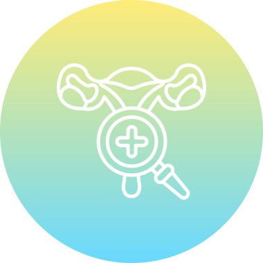 Kadın üreme sisteminin üzerinde çapraz bir sembol bulunan büyüteç, tıbbi muayeneyi temsil ediyor.