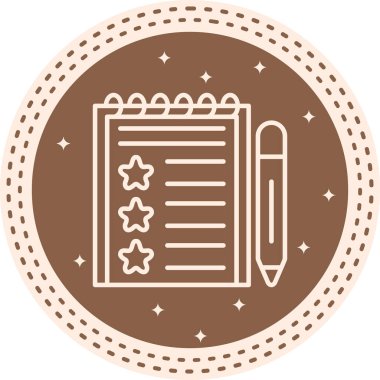 Üç yıldızlı ve eğimli bir kalemi olan sarmal not defterinin minimalist çizgi simgesi.