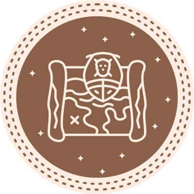 Üzerinde işaretli adalar ve deniz sembolleri olan eski hazine haritasında yelkenli kafataslı korsan gemisi vardı. Uygulama için uygun simge.