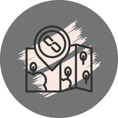 Bir bağlantı veya zincir sembolü gösteren konum broşlu katlanmış bir harita içeren seyahat ve gezinme grafikleri.