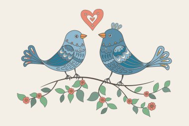 Dekoratif halk karalaması, iki kuşun kalpleriyle dalda oturduğunu gösteriyor. İskandinav tarzı, el yapımı vektör, romantik, samimi. Kartlar, düğün, çocuk odası ve parmak izleri için uygun. Bej arkaplan.