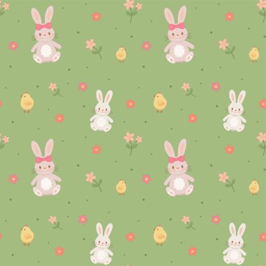 Tavşancığın, civcivlerin ve yeşil arka planda çiçeklerin olduğu hoş, pürüzsüz bahar deseni. Bebek tekstil ürünleri, ambalaj kağıdı, kumaş, paskalya ve mevsimsel tasarım için harika bir çocuk bakımı tasarımı..