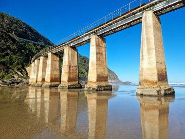 Güney Afrika 'nın bahçe yolunda büyük beton sütunları olan eski tarihi tren köprüsü.