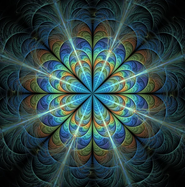 Mandala abstrata sobre fundo preto. Padrão simétrico em cores azuis verdes imagem gerada por computador — Fotografia de Stock