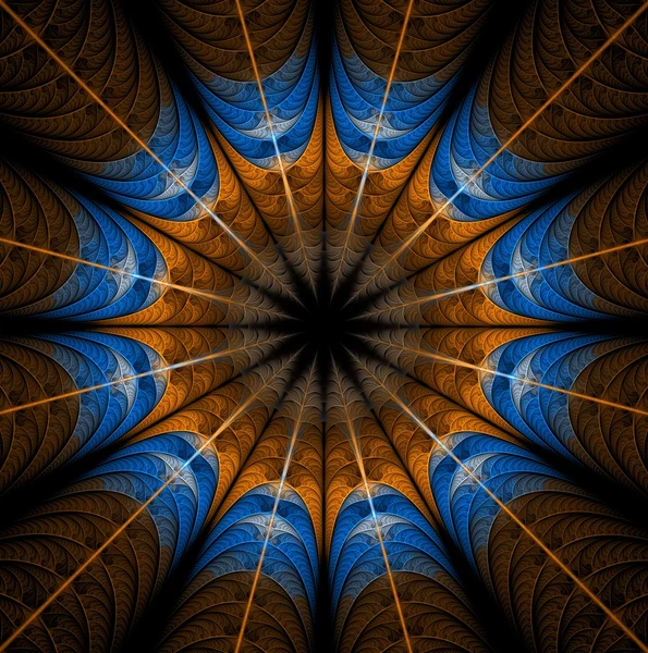 Abstracte mandala op zwarte achtergrond. Symmetrisch patroon in bruin blauw kleuren computergegenereerde afbeelding — Stockfoto