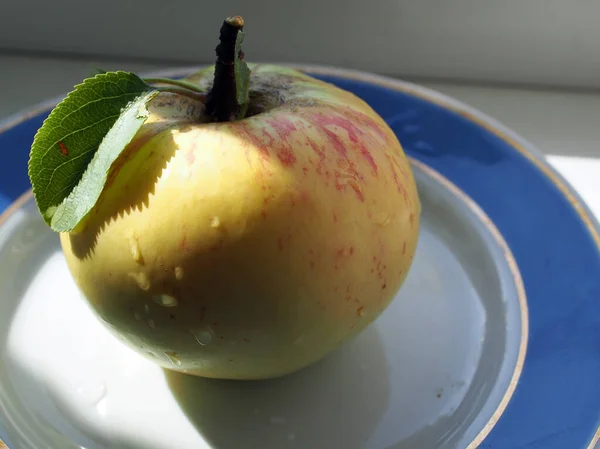 Apfel Mit Wassertropfen Und Grünen Blättern Stiel Liegt Auf Einem — Stockfoto