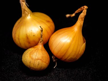 Siyah arka planda üç sarı soğan başı, makro.