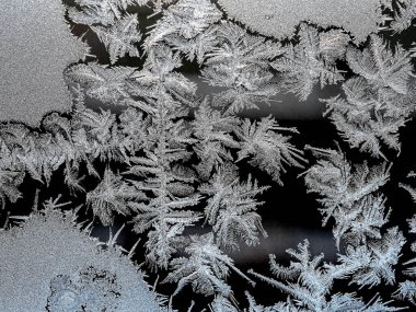 Kış penceresinde buzlu doğal desen, soğuk desenlerin dokusu, dendritik görüntü yapısı.