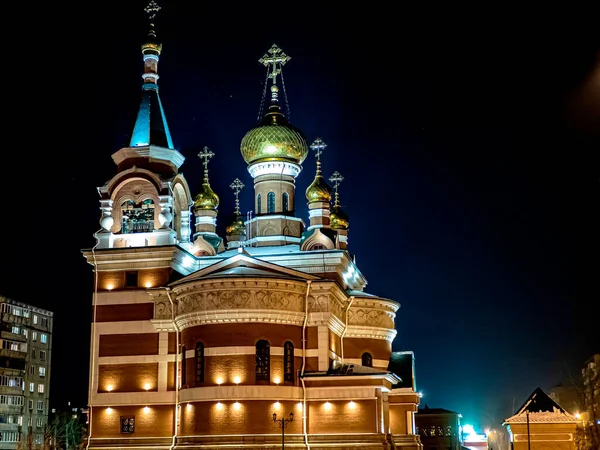 Templo Santo Grande Mártir George Vitorioso Chelyabinsk Vista Uma Noite — Fotografia de Stock