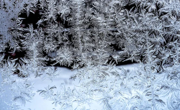 Frosty natural pattern on a winter window, texture of frosty patterns, dendritic image structure