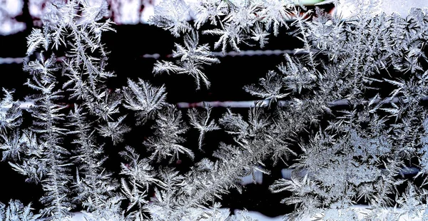 Frosty natural pattern on a winter window, texture of frosty patterns, dendritic image structure