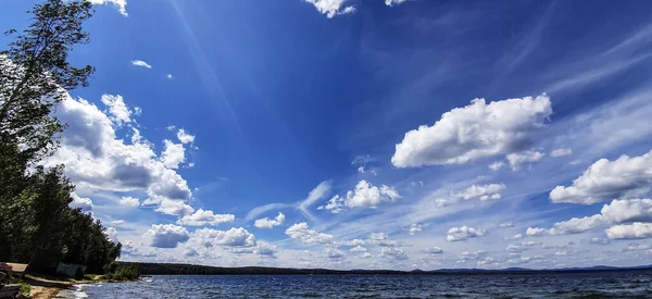 Panorama Blue Sky White Cumulus Clouds Morning Lake Southern Urals — Stock Photo, Image