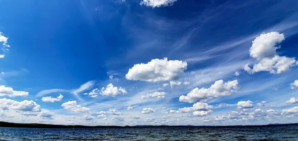 Panorama Blue Sky White Cumulus Clouds Morning Lake Southern Urals — Stock Photo, Image