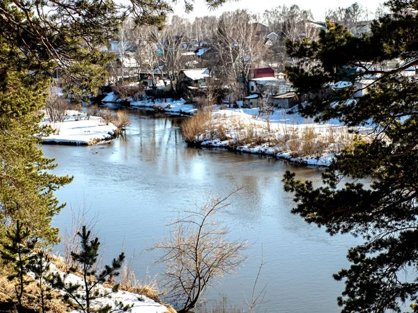 晴れた春の日には川の上流に松の木が生え川や村が見える距離で雪が溶け — ストック写真