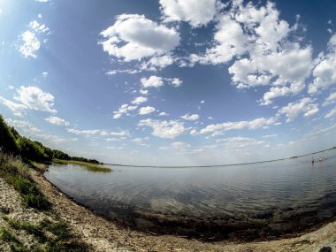 Göl üzerinde mavi gökyüzü, açık bulutlar, su, balık gözü lensi