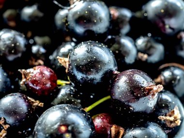 Parlak siyah frenk üzümü tabakta, makro, antrasit ışıltısı