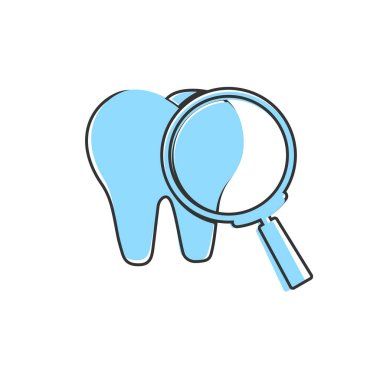 Beyaz izole arkaplanda büyüteç ve diş vektörü çizgi film stili. Kolayca düzenlemek için katmanlar gruplandırıldı. Tasarımın için..