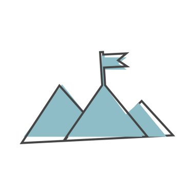 Vektör ikonu dağ ve bayrak tepesinde. Beyaz izole arkaplanda zafer sembolü çizgi film stili. Kolayca düzenlemek için katmanlar gruplandırıldı. Tasarımın için..