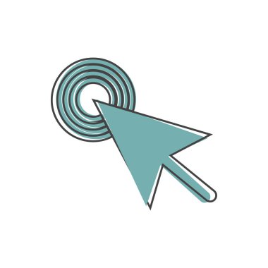 Ok, imleç noktayı gösteriyor. İmleç, beyaz izole arkaplandaki düğme çizgi film tarzına tıklıyor. Kolayca düzenlemek için katmanlar gruplandırıldı. Tasarımın için..