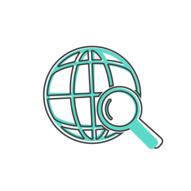 Vektör küre ve büyüteç simgesi. Beyaz izole arkaplanda küresel arama sembolü çizgi film biçimi. Kolayca düzenlemek için katmanlar gruplandırıldı. Tasarımın için..