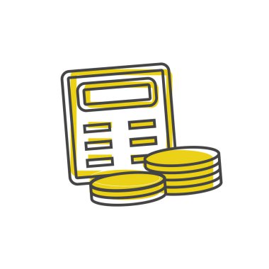  Beyaz izole arkaplanda vektör hesap makinesi ve sikke simgesi karikatür biçimi. Kolayca düzenlemek için katmanlar gruplandırıldı. Tasarımın için..