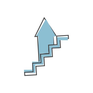 Vektör adım simgesi ve yukarı ok. Beyazların izole edilmiş arka planında başarılı iş ve kariyer gelişimi çizgi film stilinin sembolü. Kolayca düzenlemek için katmanlar gruplandırıldı. Tasarımın için..