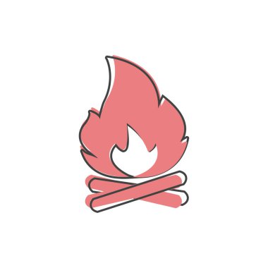 Beyaz izole arkaplanda çizgi film tarzında vektör kamp ateşi ikonu. Kolayca düzenlemek için katmanlar gruplandırıldı. Tasarımın için..