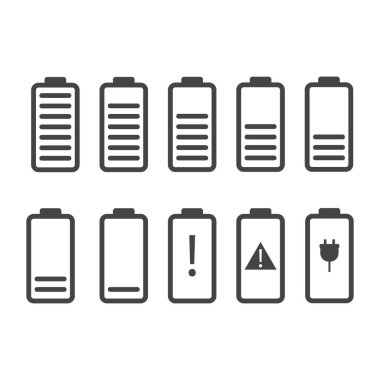 Batarya gösterge simgesini beyaz izole arkaplanda ayarla. Kolayca düzenlemek için katmanlar gruplandırıldı. Tasarımın için..